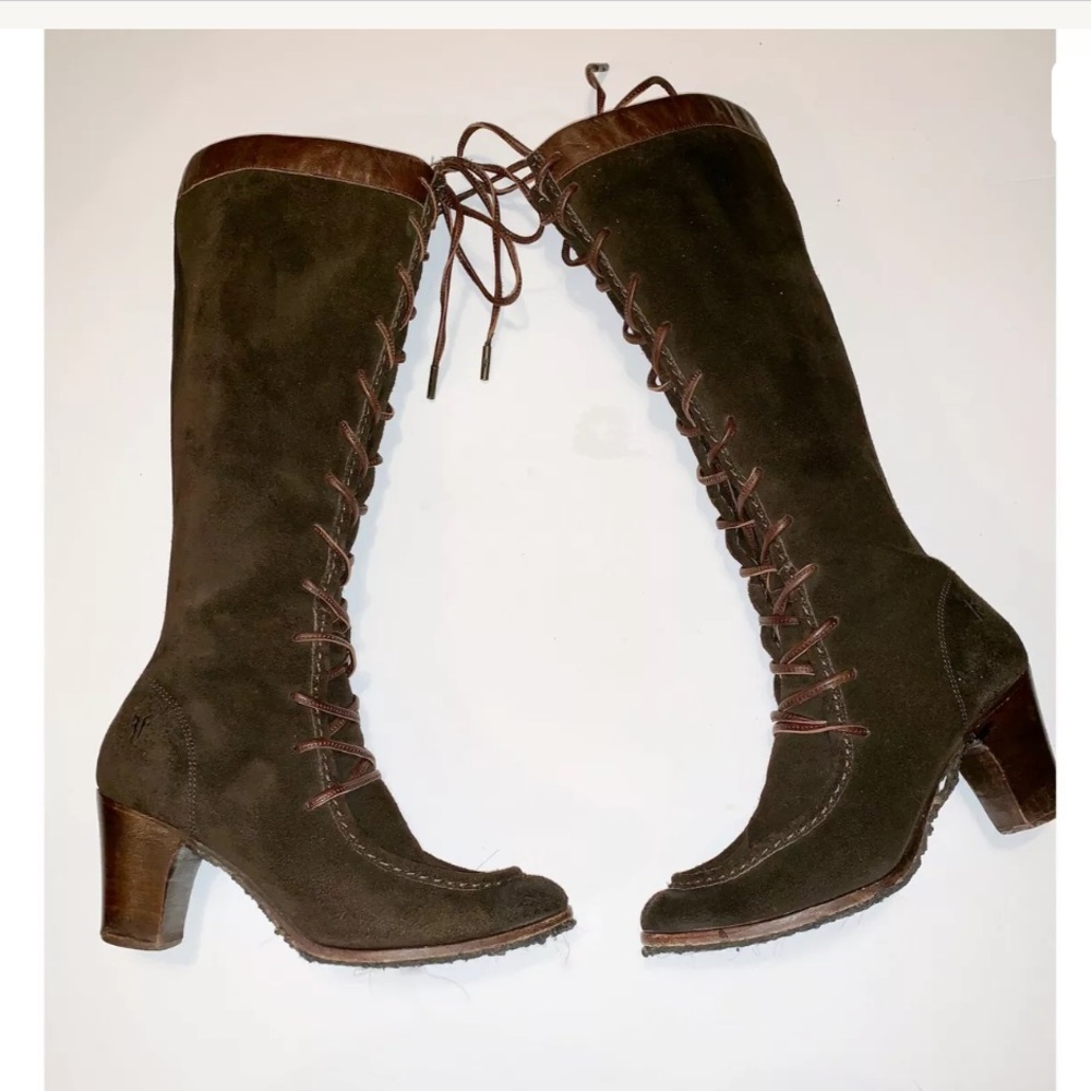 Frye Fiona Laced Brown Suede Knee High Boots